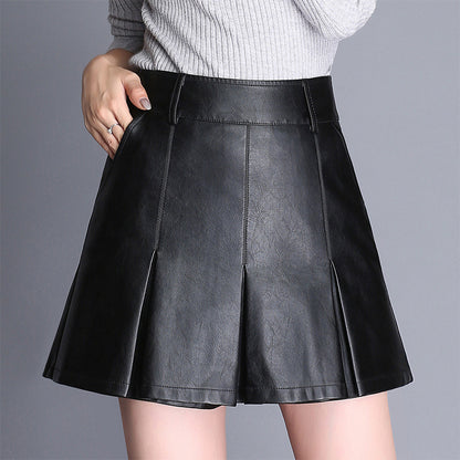 Women PU Leather Solid Color High Waist Fashion Casual Pleated Skirt