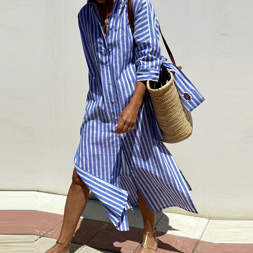 Women Fashion Casual Stripe Diamond Print Long Sleeve Shirt Dress