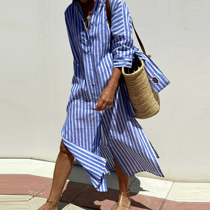 Women Fashion Casual Stripe Diamond Print Long Sleeve Shirt Dress