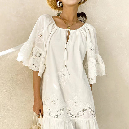 Women Casual Solid Color Hollow Cotton Loose Dress