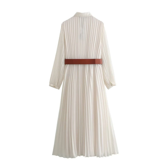 Wome Casual Summer Fashion Belt Midi Pleated Long Sleeve Shirt Dress