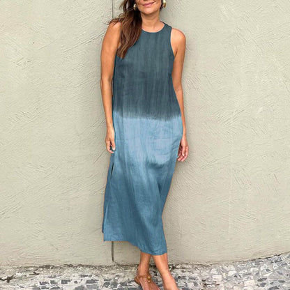 Vestido midi informal de verano para mujer, de algodón y lino, sin mangas, con abertura lateral y color degradado