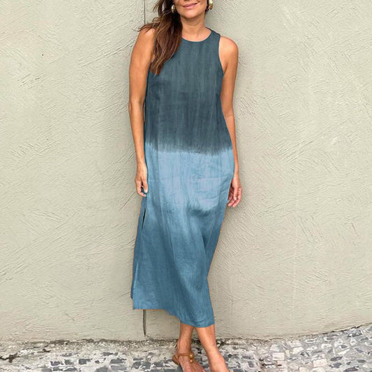 Vestido midi informal de verano para mujer, de algodón y lino, sin mangas, con abertura lateral y color degradado