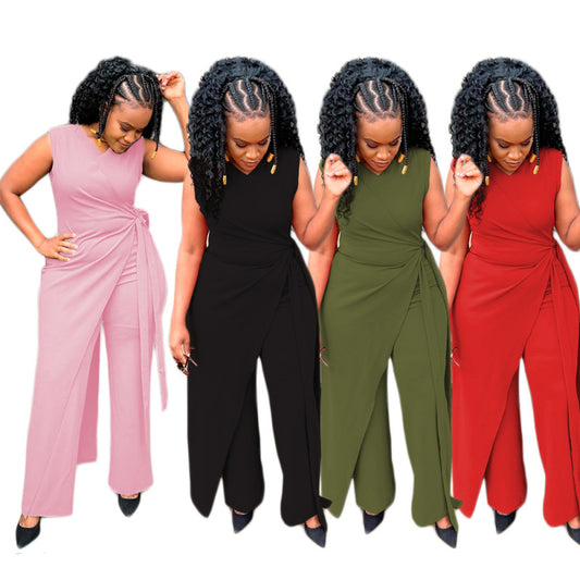 Conjunto de dos piezas formado por top y pantalón sin mangas, informal, irregular, a la moda para mujer