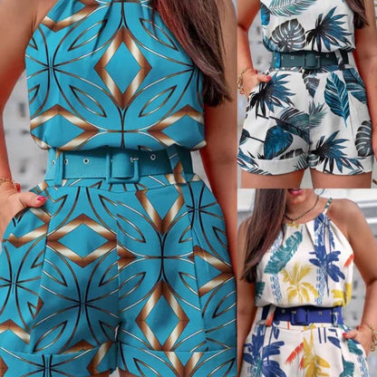Fashion Women Vacation Leaf Print Round Neck Sleeveless Top Casual Shorts Set