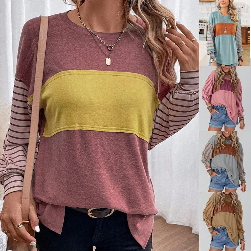 Camiseta informal de verano con estampado de rayas y cuello redondo y manga larga para mujer