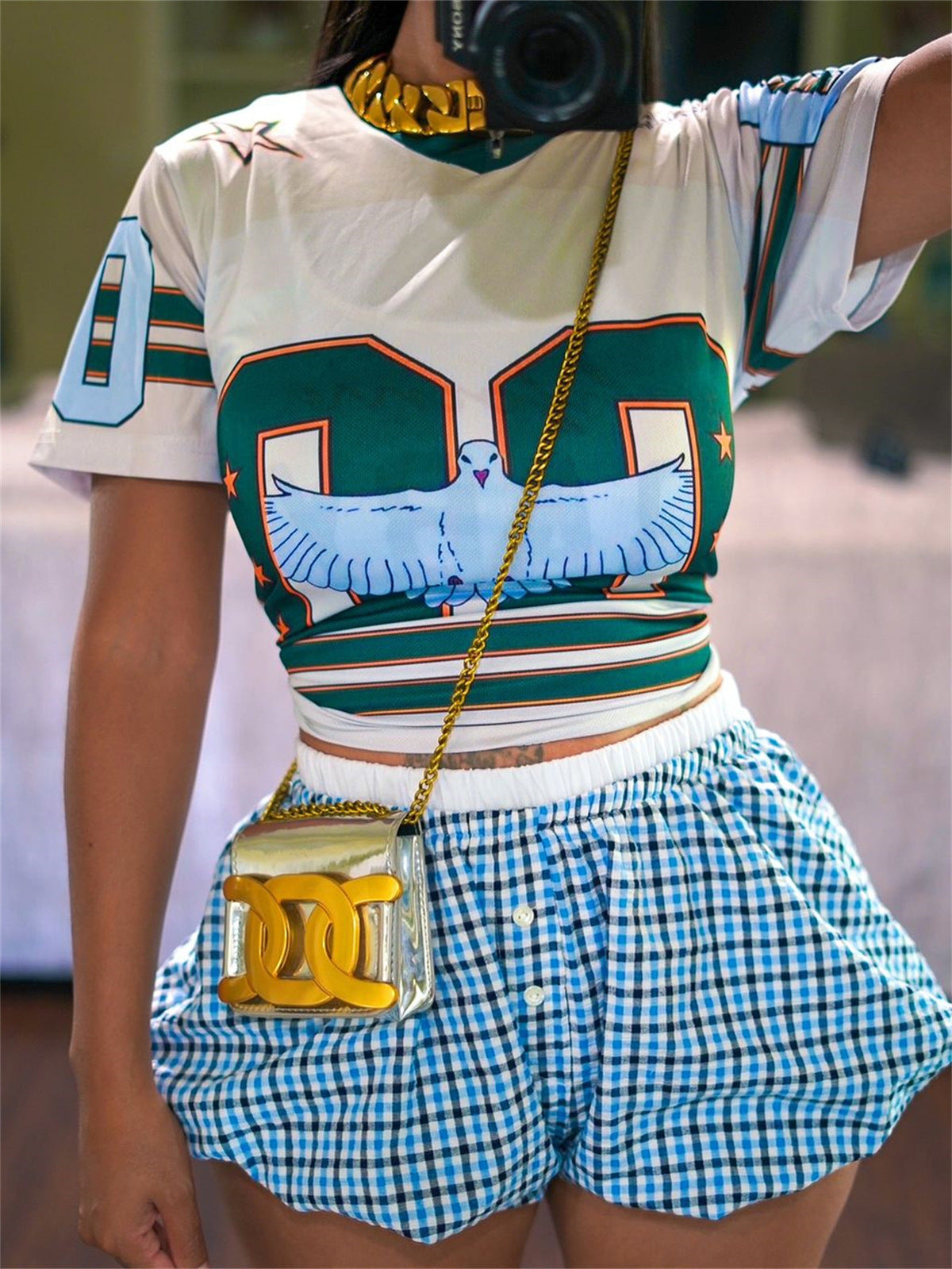 Camiseta de jersey de manga corta con cuello redondo y estampado holgado informal para mujer