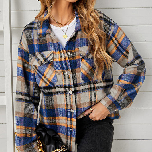 Abrigo informal con solapa y estampado a cuadros para mujer, otoño e invierno