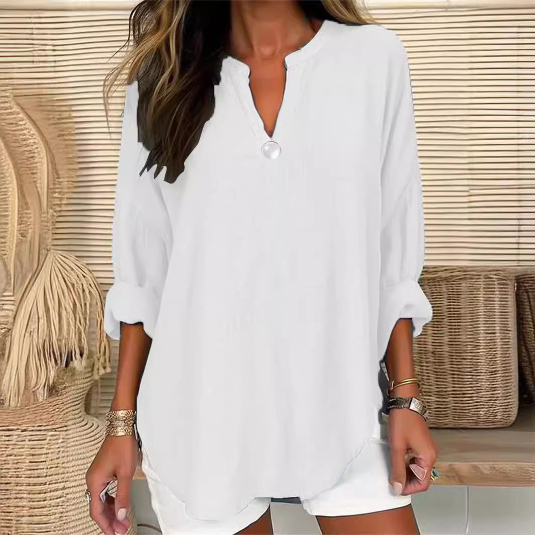Blusa holgada informal de color liso con escote en V y un botón para mujer