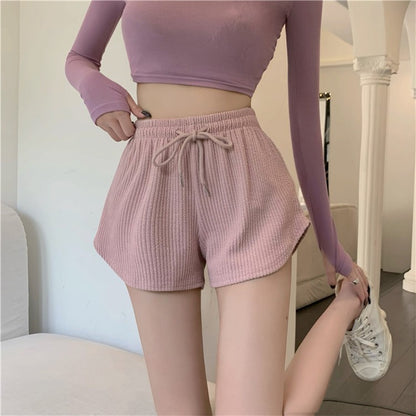 Women Fashion Casual Solid Color Waffle Drawstring High Waist Shorts