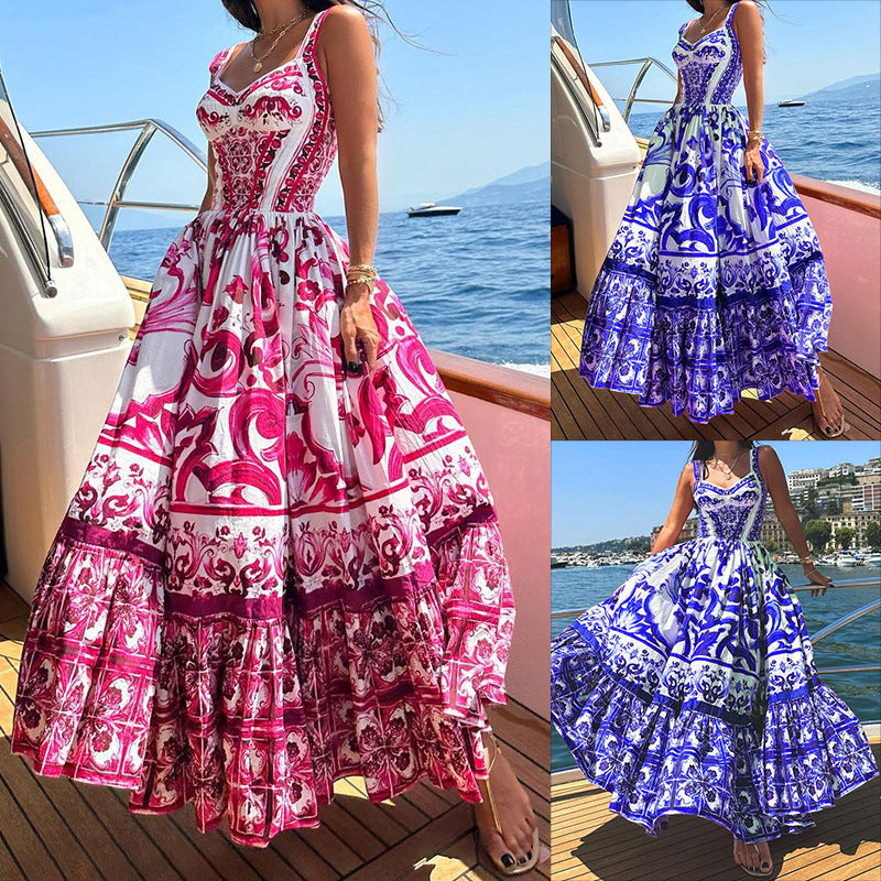 Vestido largo informal con estampado gráfico y tirantes para mujer