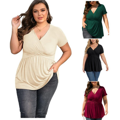 Women Fashion Casual Solid Color V-Neck Short Sleeve Plus Size Top