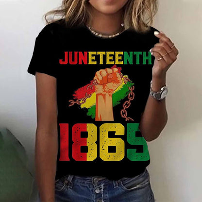 Camiseta informal de manga corta con cuello redondo para mujer, con estampado digital 3D del Día de la Liberación Negra de Juneteenth