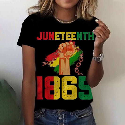 Camiseta informal de manga corta con cuello redondo para mujer, con estampado digital 3D del Día de la Liberación Negra de Juneteenth