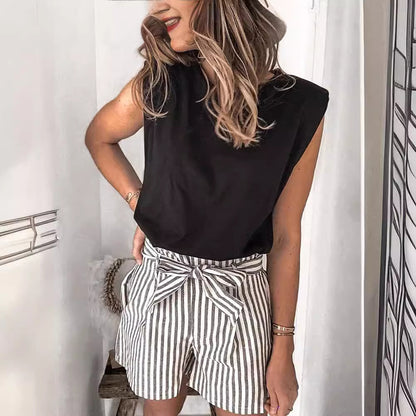 Camiseta informal sin mangas con cuello redondo y color liso para mujer