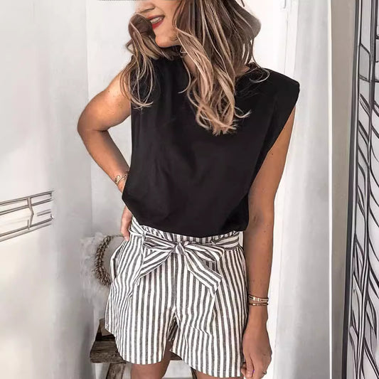 Camiseta informal sin mangas con cuello redondo y color liso para mujer