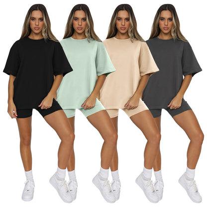 Women Athleisure Solid Color Short Sleeve Round Neck Top And Casual Shorts two pieces Suit