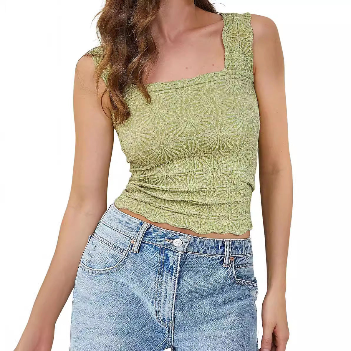 Women Fashion Casual Solid Color Tight Jacquard Square Neck Tank Top