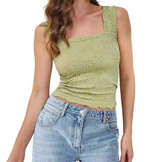 Camiseta sin mangas de cuello cuadrado de jacquard ajustada de color sólido informal a la moda para mujer