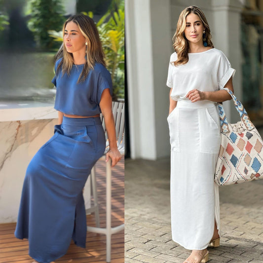 Conjunto de dos piezas formado por top y falda con abertura, manga corta, color liso, informal, para mujer