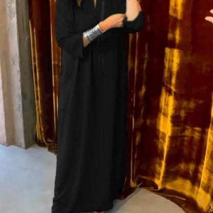 Vestido largo informal de oficina con bolsillos y escote en V, manga corta, holgado y elegante, de color liso, para mujer