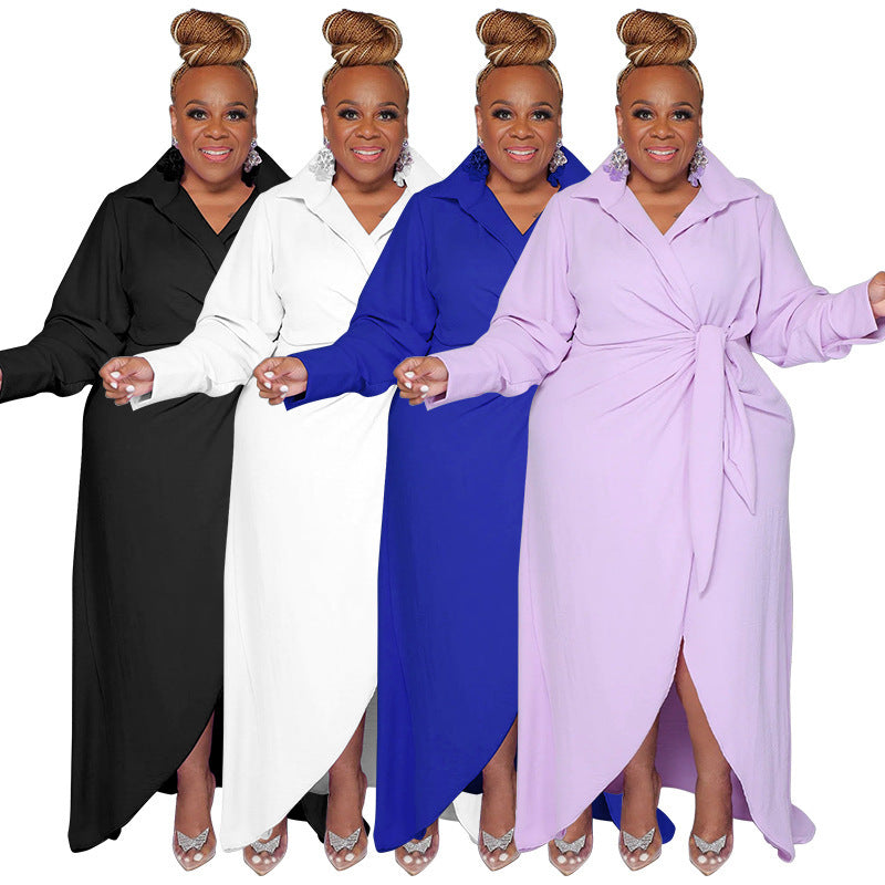 Women Fashionable Casual Plus Size Solid Color Long Sleeve Lel High Waist Split Dress