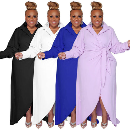 Women Fashionable Casual Plus Size Solid Color Long Sleeve Lel High Waist Split Dress