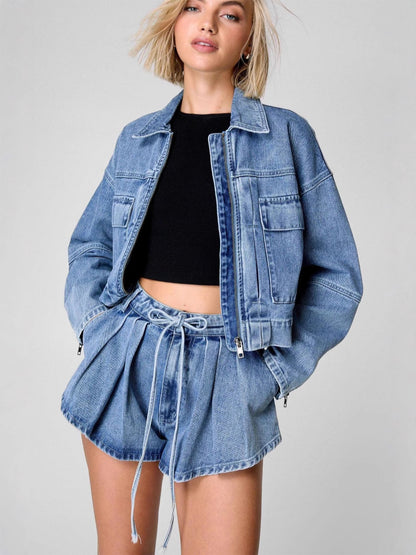 Conjunto de dos piezas informal de mezclilla con solapa, manga larga, cremallera y cintura alta para mujer