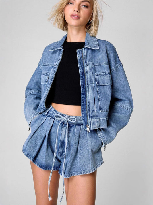 Conjunto de dos piezas informal de mezclilla con solapa, manga larga, cremallera y cintura alta para mujer