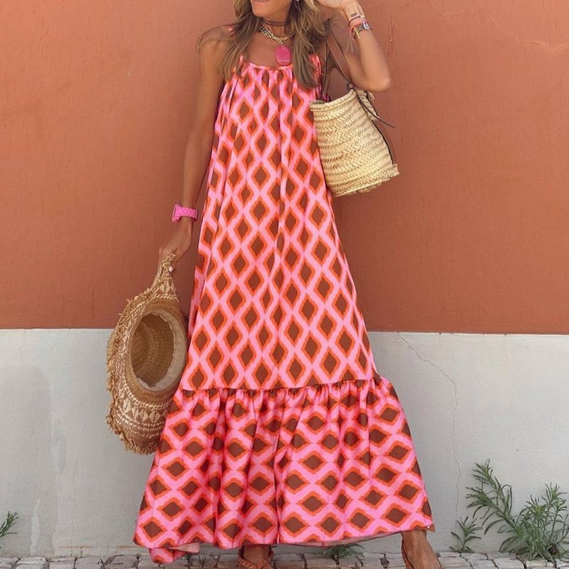 Women Fashion Casual Boho Backless Diamond Print Maxi Dress