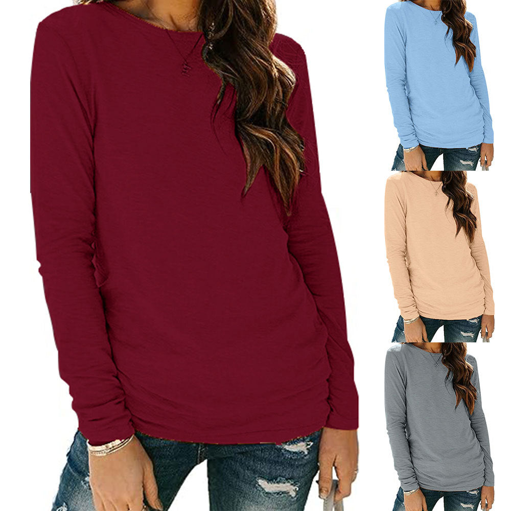 Camiseta de manga larga con cuello redondo, color liso, informal y sencilla para mujer