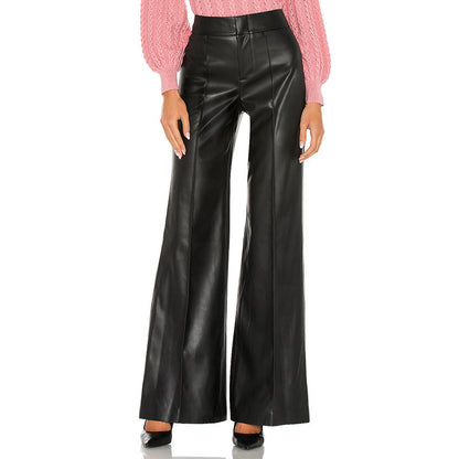 Women Pu Leather Casual High Waist Wide Leg Pants