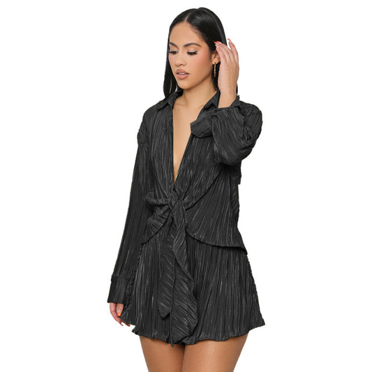 Conjunto de dos piezas para mujer, informal, con dobladillo anudado, manga larga, plisado, a la moda, blusa y pantalones cortos para vacaciones