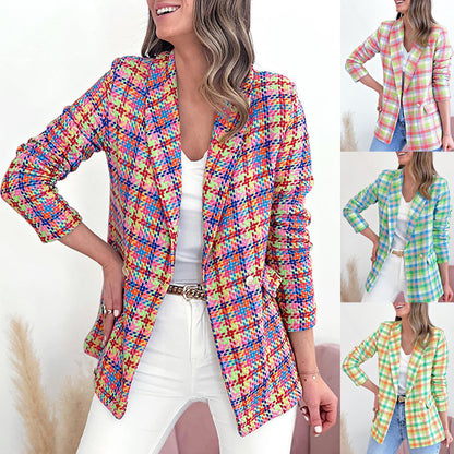 Chaqueta blazer cruzada con estampado a cuadros de manga larga informal para mujer