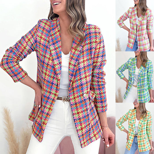 Chaqueta blazer cruzada con estampado a cuadros de manga larga informal para mujer