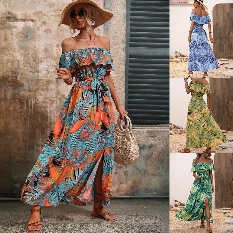 Vestido largo informal de playa con cuello barco y volantes con estampado floral para mujer
