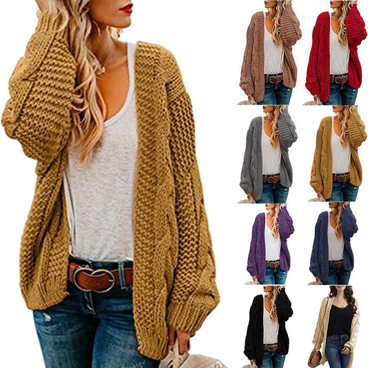 Suéter cárdigan de punto suelto de color sólido de longitud media informal para mujer de moda de invierno y otoño