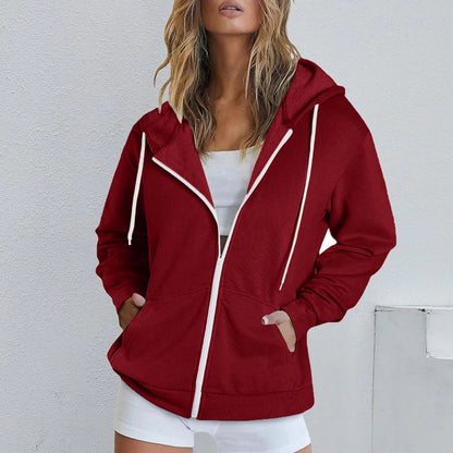 Women Fashion Casual Solid Color Drawstring Zipper Long Sleeve Hooded Sweatshirt Jacket