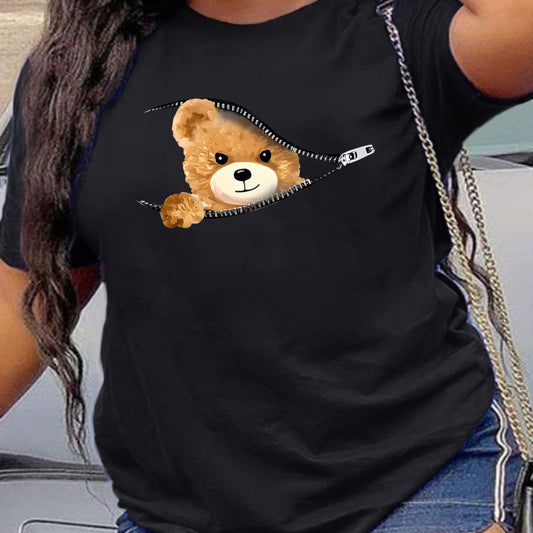 Camiseta informal de manga corta con cuello redondo y estampado de oso de dibujos animados para mujer, talla grande