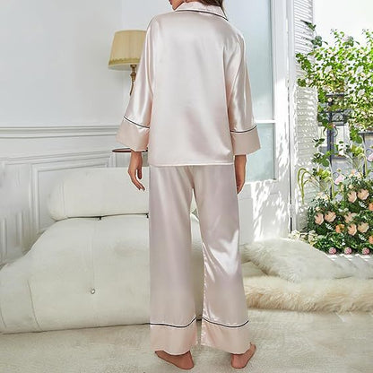 Conjunto de pijama de dos piezas para mujer, informal, de seda, con solapa, manga larga y pantalones holgados