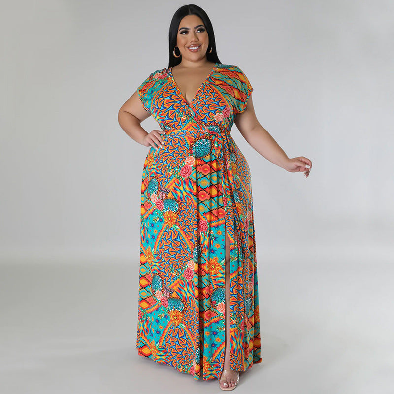 Women Casual Loose Boho Floral Printed V- Neck Short Sleeve Defined Waist Front Split Dress