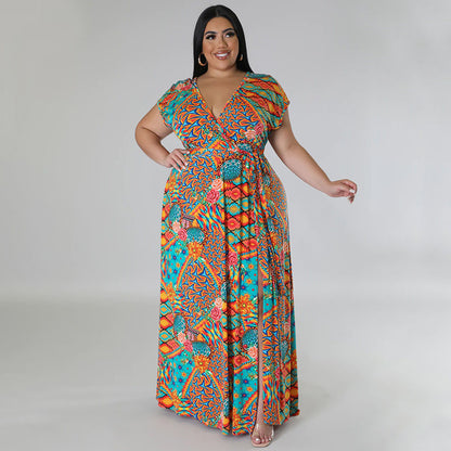 Women Casual Loose Boho Floral Printed V- Neck Short Sleeve Defined Waist Front Split Dress