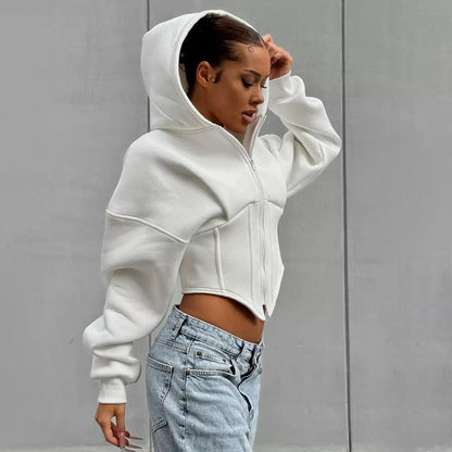 Women Fashion Autumn And Winter Casual Zipper Long Sleeve Hooded Cardigan Short Jacket