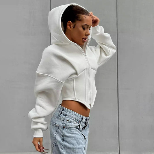 Women Fashion Autumn And Winter Casual Zipper Long Sleeve Hooded Cardigan Short Jacket