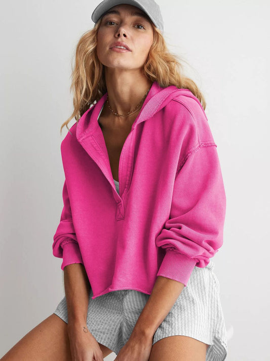 Sudadera con capucha de manga larga con cuello medio abierto de color liso y suelta informal para mujer de otoño e invierno