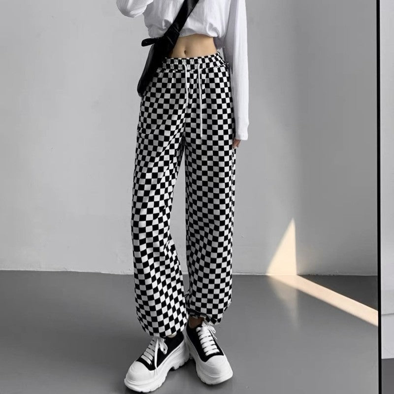 Women Casual Edgy Checkerboard Plaid Wide-Leg Pants