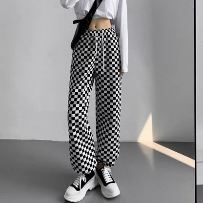 Women Casual Edgy Checkerboard Plaid Wide-Leg Pants