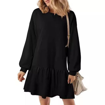 Women Casual Solid Color Round Neck Long Sleeve Dress