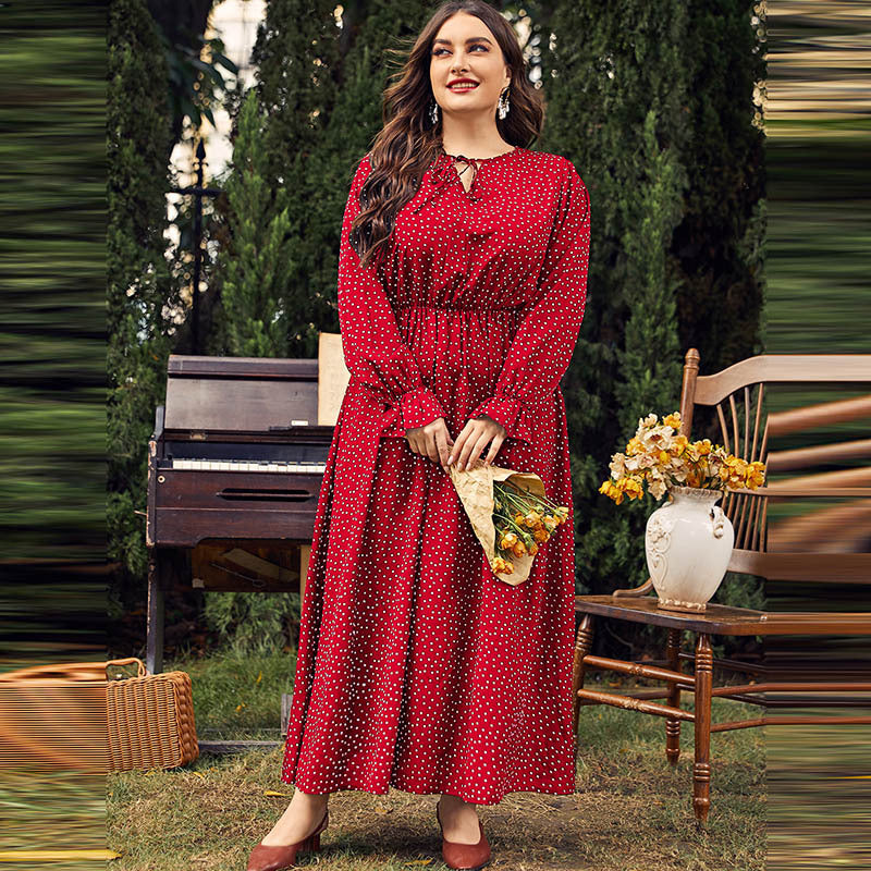 Women Fashion Casual Plus Size Polka Dot Print Long Sleeve Dress
