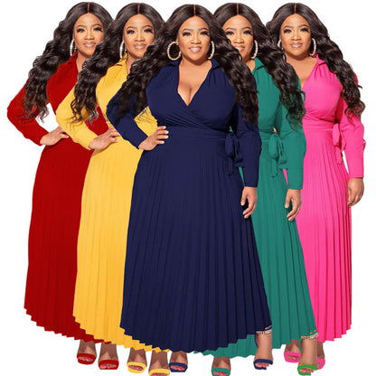 Women Fashion Casual Solid Color Plus Size V-Neck Lace-Up Long Sleeve Pleated Dress